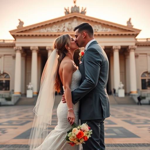 A beautiful wedding couple kissing at the Palace of Fine Arts in San Francisco.