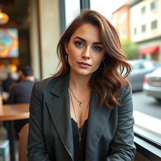 A stylish portrait of a woman in a San Francisco cafe.