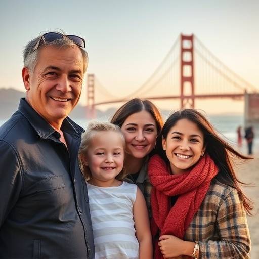 Candid family portrait taken at Baker Beach with the Golden Gate Bridge subtly visible in the background.
